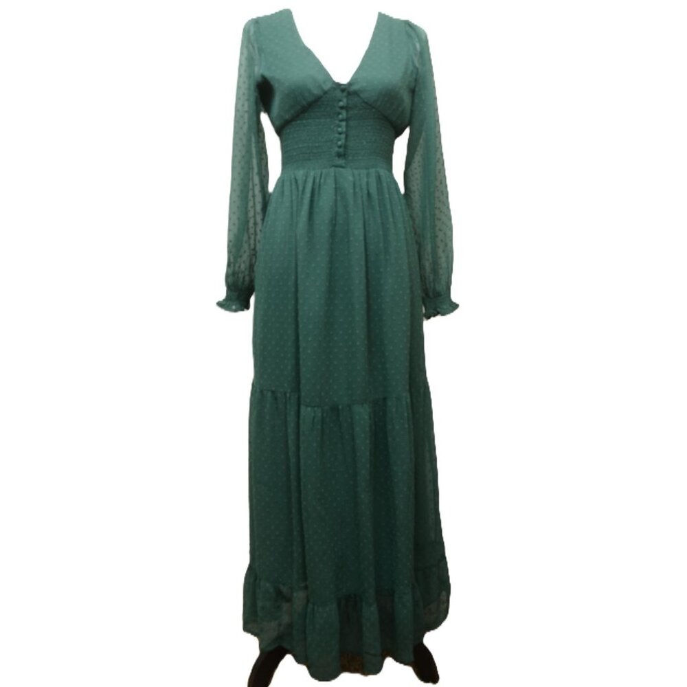 Patrons of Peace Altura Maxi Dress Green Swiss Dot‎ Puff Sleeve Boho Fairy SM